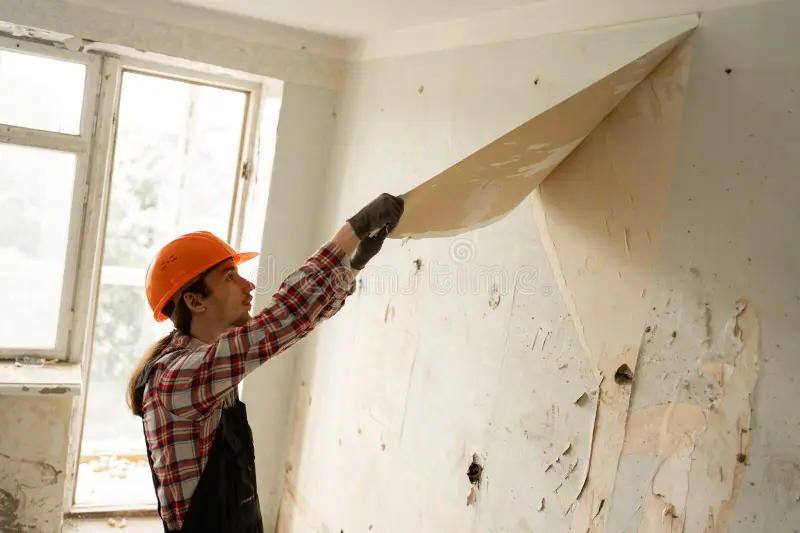 construction worker helmet removing old wallpaper wall apartment showing concept home renovation interior update 385337662.png